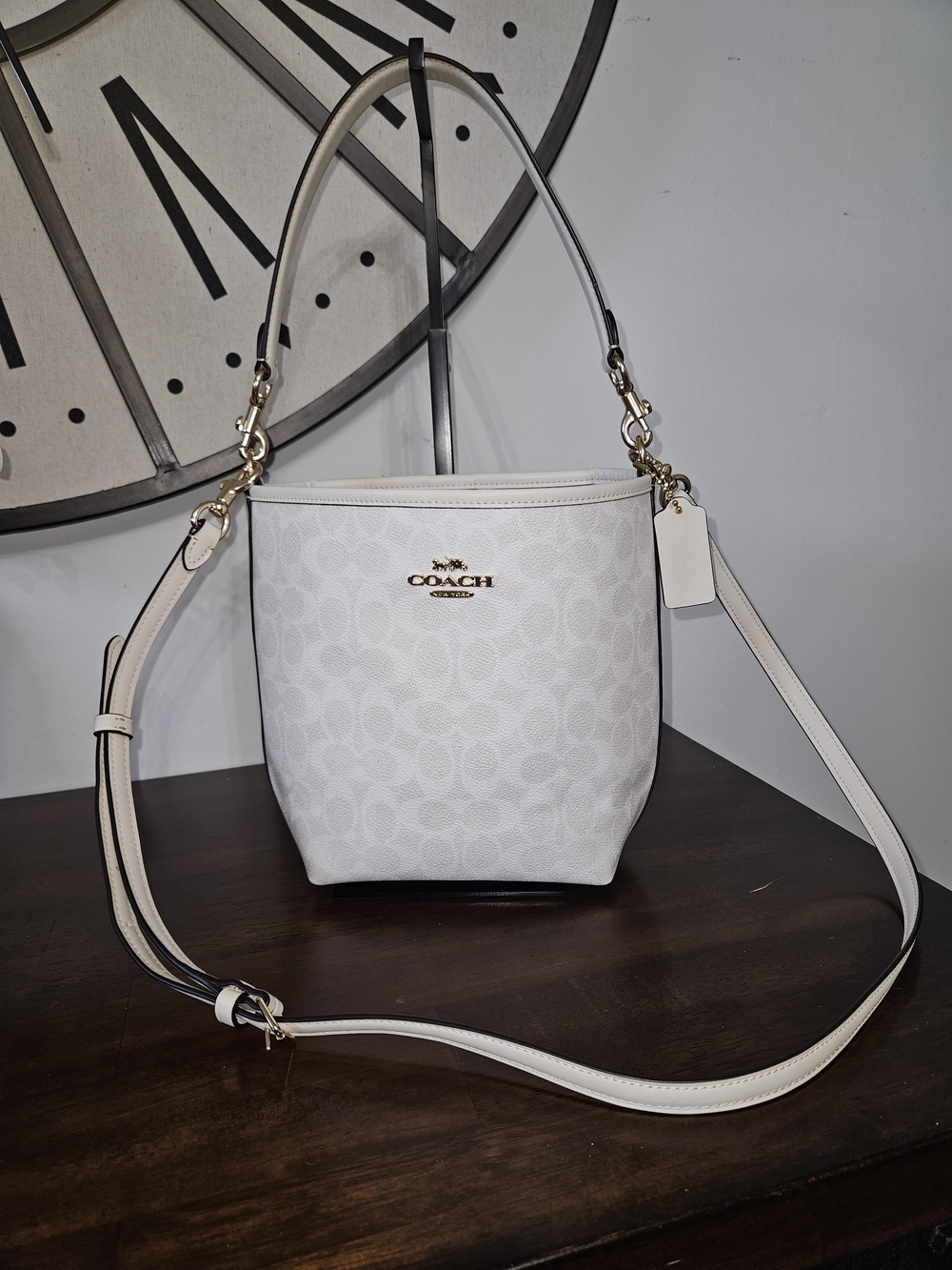 Coach White Signature Bucket Shoulder Bag with Gold Hardware